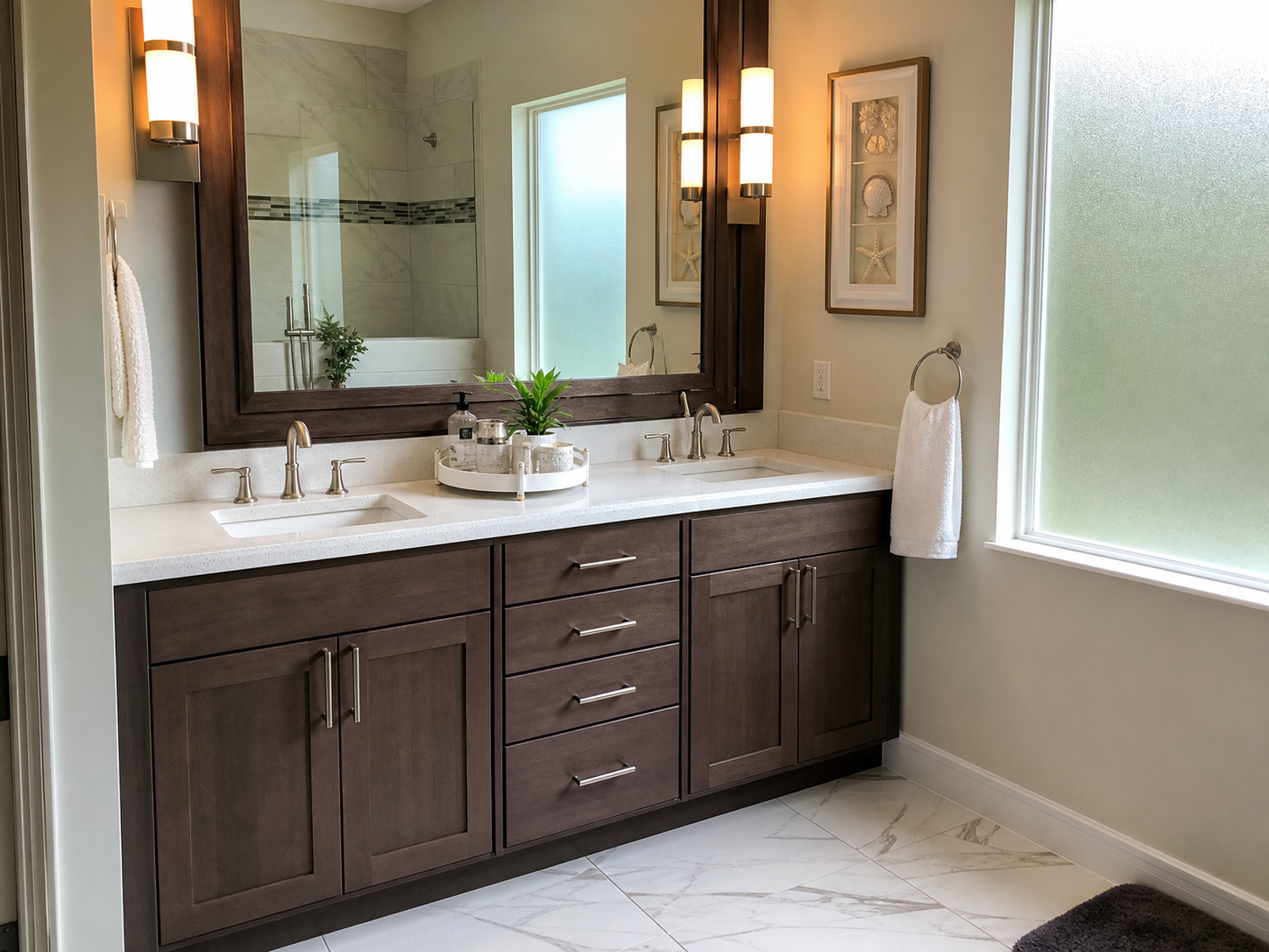 Custom bathroom vanity cabinets with double sink in Tampa Bay home